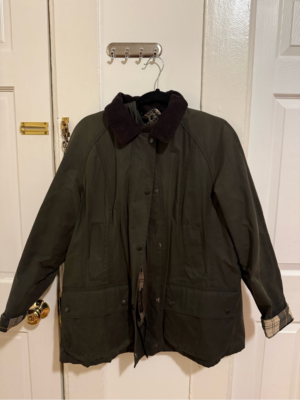 Barbour Olive Green Field Jacket with Dark Corduroy Collar with Warm Zip in Vest